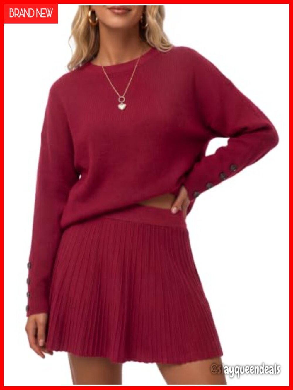 Wool Blend 2 Piece Sweater Skirt Set Long Sleeve Pleated Mini